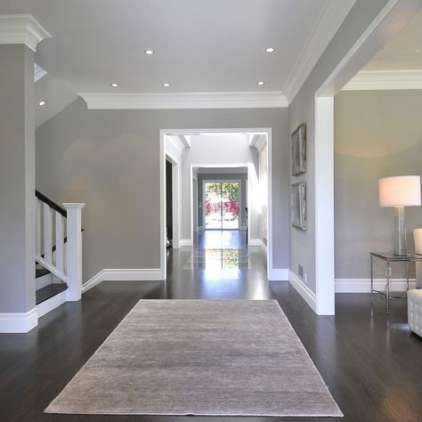 Grey Walls White Trim, Dark Brown Wood Floors, Gray Floors, Best Wall Colors, Living Room Wood Floor, Dream House Living Room, Grey Wood Floors, Dark Grey Walls, Living Room Decor Gray