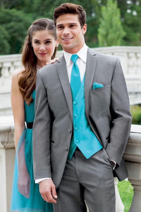 Wedding Suits Men Grey, Grey Suit Wedding, Wedding Tux, Men's Wedding Outfit, Blue Prom Dress, Slim Fit Tuxedo, Grey Suit, Turquoise Wedding, Teal Wedding