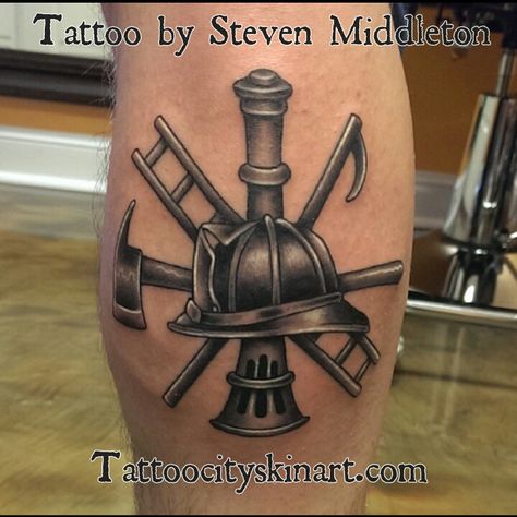 fireman symbol black and grey realistic tattoo by Steven Middleton, Lockport, IL. Tattoocityskinart.com Fire Department Tattoos, Fireman Tattoo, Fighter Tattoo, Ems Tattoos, Firefighter Tattoo, Fire Fighter Tattoos, Firefighter Pictures, Firefighter Decor, Fire Tattoo