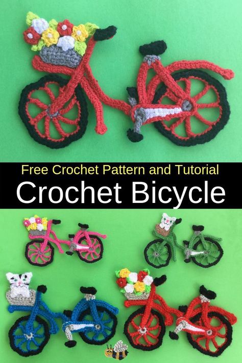 Bicycle Crochet Pattern, Bicycle Applique, Crochet Bicycle, Crocheted Appliques, Crochet Appliqué, Beau Crochet, Crochet Applique Patterns Free, Applique Tutorial, Crochet Easter