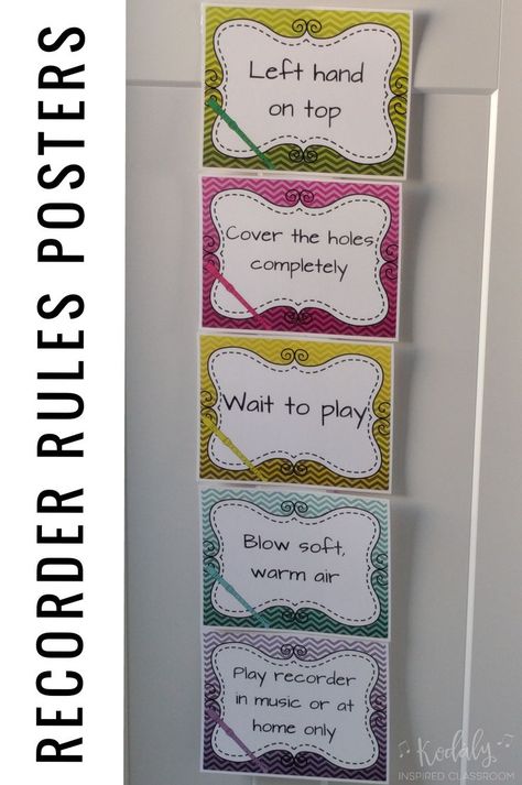 Recorder Rules Posters for the elementary music room. These rules will reinforce good recorder habits as well as brighten up your music classroom! Just print on card stock and laminate to re-use every year. Post on your wall or use on a bulletin board in your music room. Music Anchor Charts, Teaching Recorder, Music Room Rules, Recorder Karate, Elementary Music Room, Music Bulletin Boards, Music Room Art, Art Bulletin Boards, Music Classroom Decor