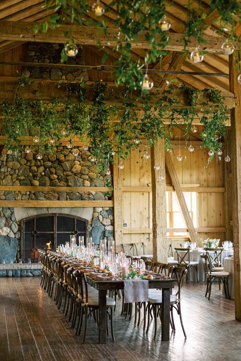 Rustic Colorado Wedding, Lodge Wedding Reception Decor, Devils Thumb Ranch Colorado, Mountain Wedding Summer, Summer Mountain Wedding Decor, Wedding Barn Ideas, Pole Barn Wedding, Rustic Lodge Wedding, Greenery Ceiling