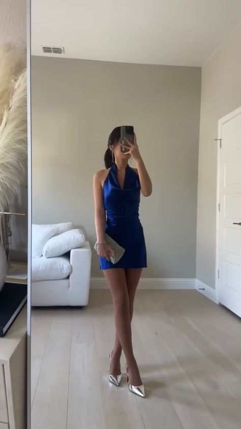 Summer Birthday Dinner Outfit, Blue Dinner Outfit, Blue Short Prom Dress, Blue Dress Outfit, Satin Sleeves, Royal Blue Shorts, Dress Homecoming, Prom Dresses Vintage, Short Prom Dress