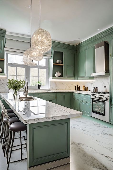 Elegant Sage Green Kitchen • This kitchen showcases sage green cabinetry with a glossy finish, accented by luxurious marble countertops that extend to a stylish backsplash. • A unique, sculptural light fixture hangs above, casting intricate shadows and providing a focal point. • The kitchen island doubles as a breakfast bar, furnished with sleek black stools, perfect for casual dining. • Large windows ensure the space is bathed in natural light Sculptural Light, Teal Home Decor, Black Stool, Sage Green Kitchen, Hanging Light Fixtures, Green Kitchen, Casual Dining, Marble Countertops, Kitchen Stuff