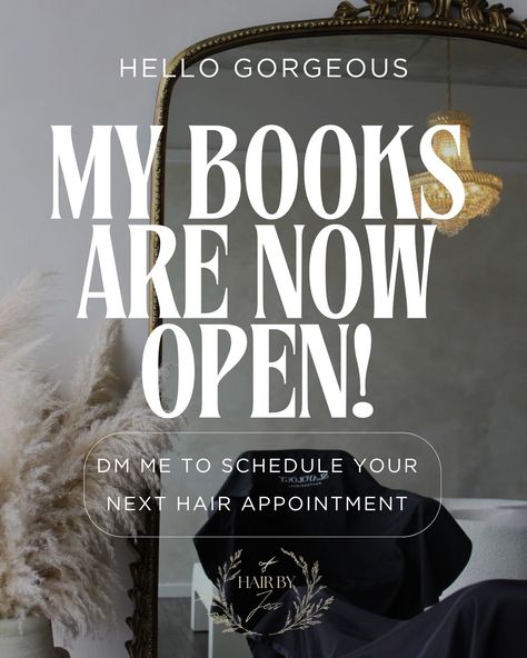 Books are open!! Excited to be back behind the chair to do some beautiful hair☺️ dm me to schedule your next appointment or you can also call the salon. I am located at Allure Salon in Smyrna! **Reminder holidays are coming up so book in advance!! 🦃🎄** Holiday Appointments Book Your, Book Your Hair Appointment Quotes, Out Of Salon Post, Hair Appointment Aesthetic, Hair Appointment Quotes, Hair Stylist Tips, Salon Openings, Instagram Filler, Appointment Planner