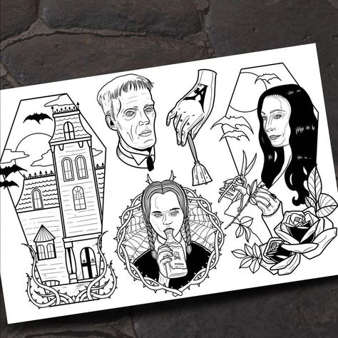 Addams Family Drawing, Adams Family Tattoo, Addams Family Tattoo, Wednesday Addams Tattoo, Family Sleeve Tattoo, Family Tattoo Designs, Goth Tattoo, Family Tattoo, Friday 13th