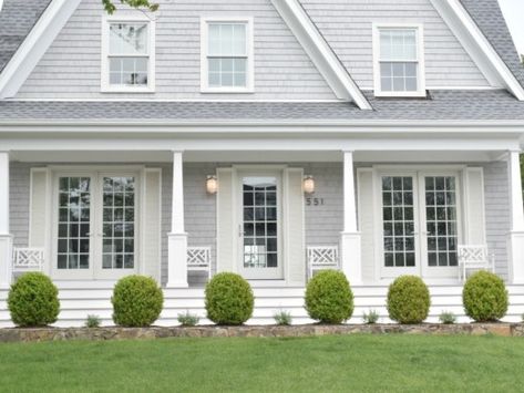 Window Boxes and Curb Appeal - Nesting With Grace Gray Siding Farmhouse, Light Gray Colonial House Exterior, Coastal New England Home Exterior, Creamy White Exterior Paint Colors, New England Homes Exterior, New England Home Exterior, Farmhouse Siding, New England Exterior, Train House