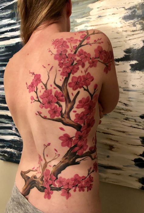 Japanese Blossom Tattoo Back, Phoenix With Cherry Blossom Tattoo, Sakura Tattoo Shoulder, Buddha Tree Tattoo, Japenses Cherry Blossom Tattoos, Cherry Blossom Tree Tattoo On Arm, Sakura Back Tattoo, Japanese Back Tattoo Women, Sakura Tattoo Design