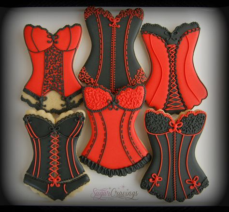 Moulin Rouge themed birthday cookies Burlesque Party Decorations, Burlesque Bachelorette Party, Burlesque Theme Party, 40th Birthday Celebration Ideas, Lingerie Cake, Corset Cookies, Burlesque Theme, Lingerie Cookies, Burlesque Party