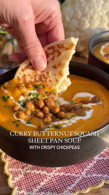 Crowded Kitchen on Instagram: "Sheet Pan Coconut Curry Butternut Squash Soup with crispy spiced chickpeas 🥣 Kicking off the week with another cozy, nutritious and super easy sheet pan soup! You guys loved the last one (our roasted red pepper sheet pan soup with grilled cheese croutons) and this is another favorite in our house! Just add all the veggies to a sheet pan with olive oil and spices, roast, then blend with a hot broth, coconut milk + tomato paste mixture. It’s SO easy, so delicious and mostly hands off! If you’re feeling ambitious, you can make your own curry spiced crispy chickpeas for topping, but it’s also delicious without! Bookmark the RECIPE below 👇 and let us know if you make it! If you want to receive our recipes via email, sign up via the link in our bio. SHEET P Crowded Kitchen Sheet Pan Soup, Roasted Sheet Pan Soup, Sheet Pan Soup, Curry Butternut Squash Soup, Soup With Grilled Cheese, Grilled Cheese Croutons, Crowded Kitchen, Curried Butternut Squash Soup, Cheese Croutons