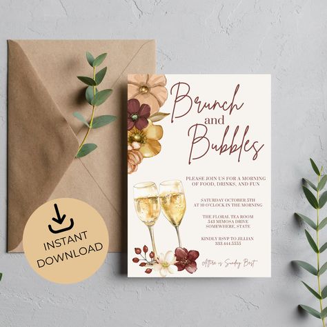 Brunch and Bubbles Invite | Floral Brunch Invitation | Editable Invite | Adult Brunch Invite | Champagne Invite | Brunch and Booze by EverlyGracePaperCo on Etsy Bubble Invitations, Floral Brunch, Luncheon Invitation, Mimosa Brunch, Envelope Addressing Template, Fall Brunch, Envelope Addressing, Brunch Invitations, Personalised Frames