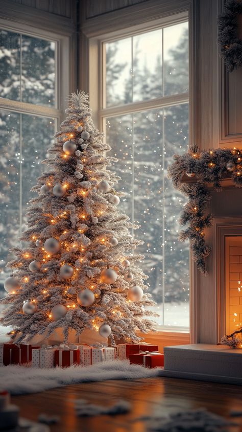 Cozy Christmas scene with a white and silver tree, fur garland, red gifts, and a snowy landscape visible through a large Decorating White Christmas Trees, Snowy Christmas Tree Ideas, All White Christmas Tree, Cozy White Christmas, White And Silver Ornaments, Christmas Tree With Coloured Lights, Winter Scenes Wonderland, Fur Christmas Tree, White Christmas Decor Ideas