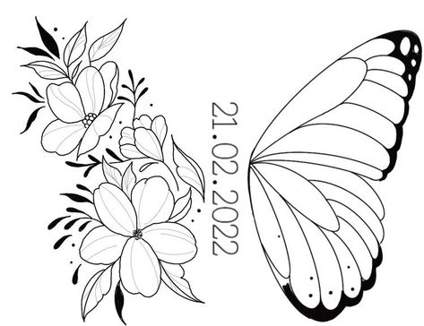 Left Back Shoulder Tattoo Women, Butterfly Date Tattoo, Butterfly Tattoo With Date, Floral Butterfly Tattoo, Baby Memorial Tattoos, Unique Butterfly Tattoos, Wrist Tattoo Ideas, Date Tattoos, One Piece Tattoos