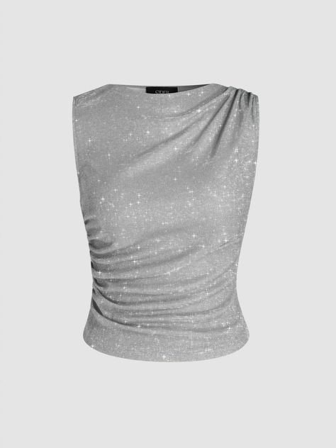 Glitter Top Outfit Party, Glitter Tops Outfit, Asymmetrical Tank Top, Silver Shirt, Festival Concert, Glitter Top, Concert Outfits, Clothing Details, Silver Tops