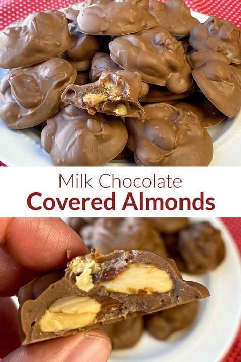 Collage of milk chocolate covered almonds with a bite taken out of one showing whole almonds and text in the center Chocolate Covered Almonds Recipe, Homemade Milk Chocolate, Almond Bark Recipes, Almond Clusters, Homemade Candy Bars, Homemade Milk, Chocolate Covered Nuts, Almonds Recipe, Easy Candy Recipes