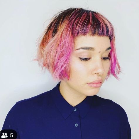 NYC FEMINIST Hair, Curly, Shag’s Instagram photo: “#throwback to this fun color and Choppy and chewy and piecey and on purpose but in a very free and fun summer shorthair way ❤️. On…” Pink French Bob, French Bobs, Vintage Haircuts, Curly Shag, Bangs Back, Organic Hair Color, Split Dyed Hair, French Bob, Baby Bangs