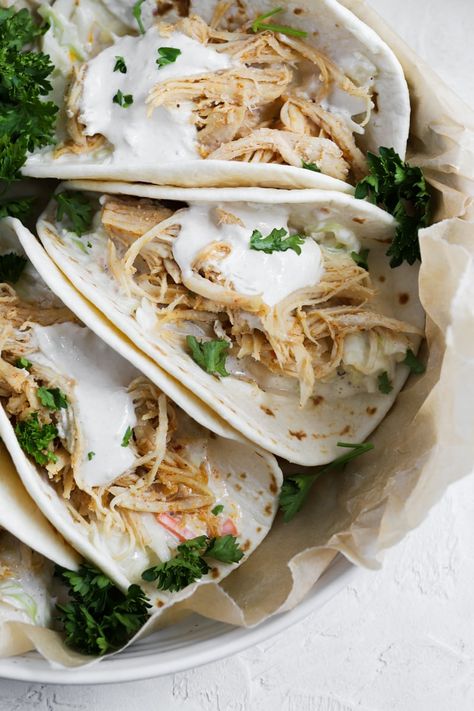 Shredded Chicken Tacos with Avocado Sour Cream - The Buttered Gnocchi Buttered Gnocchi, Chicken Tacos With Avocado, Avocado Sour Cream, Tacos With Avocado, Shredded Chicken Tacos, Avocado Cream, Cole Slaw, Soft Tacos, Buffet Server