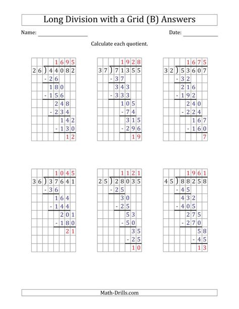 The 5-Digit by 2-Digit Long Division with Remainders with Grid Assistance and Prompts (B) math worksheet page 2 Long Division With Remainders, Division Worksheets Grade 5, 6th Grade Spelling Words, Division With Remainders, Math Division Worksheets, Long Division Worksheets, Math Fact Worksheets, Math Coloring Worksheets, Teaching Math Strategies