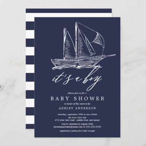 Modern It's a Boy Sailboat Baby Shower #nautical #babyshower #sailboat #boy #blue #modern #calligraphy #it'saboy #boat #nauticalbabyshower Baby Shower Digital Invitations, Modern Baby Shower Invitations, Its A Boy, Nautical Baby Shower, Nautical Baby, Modern Invitation, Oh Deer, Baby Shower Invitations For Boys, Dark Blue Background