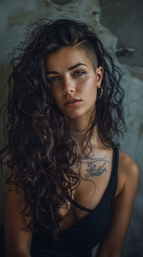 Undercut With Sideburns, Curly Undercut Women Long, Side Undercut Hairstyles Women, Undershave Hairstyles Long Hair, Side Head Shaved Long Hair, Womens Undercut Long Hair, Women Undercut Long Hair, Long Curly Hair Undercut, Curly Hair With Undercut Women