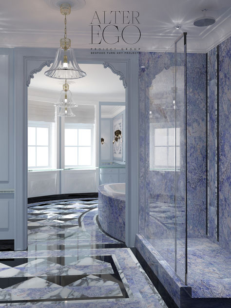 This stunning blue marble bathroom features a black marble geometric pattern on the floor, creating a striking contrast and a unique, modern look. The blue marble walls make this bathroom feel luxurious and calming, while the statement floor brings a sense of sophistication and elegance. ALTER EGO Project Group is a top international multi-award-winning architecture and interior design company. Since 2002 it has been creating and implementing premium turnkey projects worldwide. Floor Reference, Blue Marble Bathroom, Marble Walls, Marble Bathrooms, Marble Aesthetic, Bathroom Blue, Marble Interior, Marble House, White Marble Floor