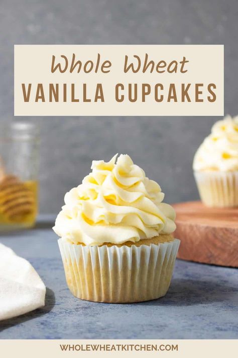 These whole wheat flour vanilla cupcakes are incredibly light and fluffy. They have a tender crumb and a delicious vanilla flavor. They are perfect for any celebration. And the best part, thay are super easy to make. Whole Wheat Vanilla Cake, Whole Wheat Cupcakes, Cupcakes Small Batch, Small Batch Vanilla Cupcakes, Whole Wheat Cake Recipe, Milling Flour, Wheat Cake Recipe, Wheat Flour Recipes, Wheat Recipes