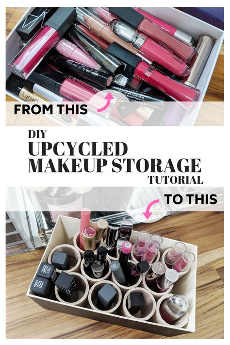 Makeup Storage Diy, Diy Beauty Storage, Craft Storage Diy, Lipstick Storage, Diy Makeup Storage, Tension Rods, Makeup Organization Diy, Pinterest Design, Makeup Train Case