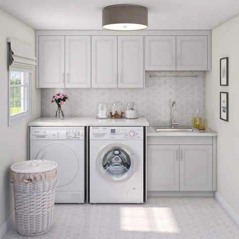 Bay Window Laundry Room, Small Laundry Room Built In Cabinets, Modern Contemporary Laundry Room, Laundry Room Natural Light, White Cabinet Laundry Room, White And Gray House Interior, Laundry Room Painted Cabinets, Top Load Laundry Room Ideas, Laundry Room Design Shelves