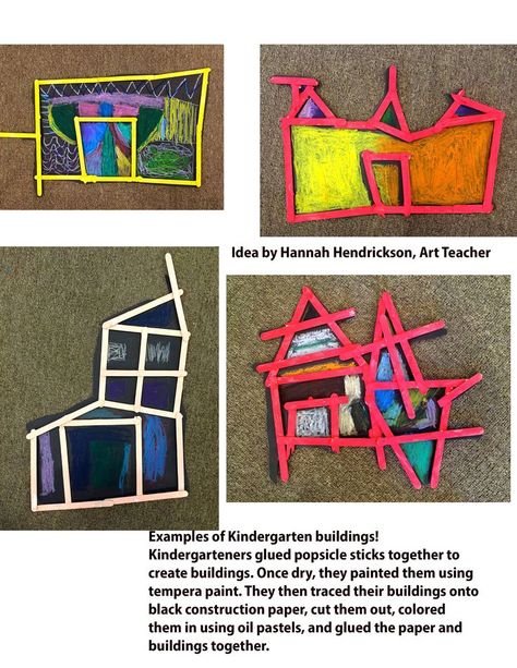 Idea by Hannah Hendrickson, Art Teacher. Examples of Kindergarten buildings! Kindergarteners glued popsicle sticks together to create buildings. Once dry, they painted them using tempera paint. They then traced their buildings onto black construction paper, cut them out, colored them in using oil pastels, and glued the paper and buildings together. Modeling Clay Kindergarten, 2nd Grade Oil Pastel Art, Block Building Preschool, Craft Projects For 1st Graders, Art Units Elementary, Architecture Art Lesson Elementary, Glue Stick Practice Kindergarten, Architecture Kindergarten Projects, Black Construction Paper Art