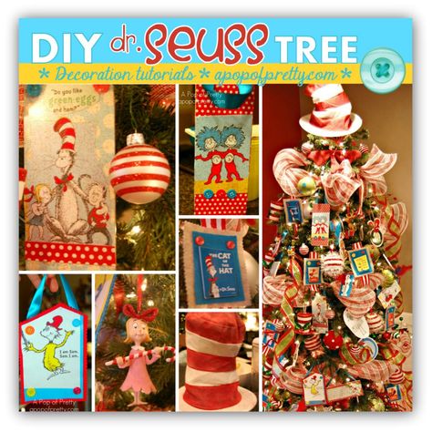 How to Make Dr. Seuss Christmas Tree Decorations: A Tutorial!...kati should do dr suess stuff one year! Seuss Christmas Decorations, Dr Seuss Christmas Decorations, Dr Seuss Christmas Tree, Seuss Christmas Tree, Dr Seuss Trees, Dr Seuss Christmas, Dr. Seuss, Grinch Christmas Party, Whoville Christmas