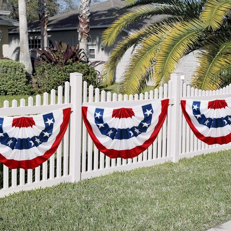 How To Hang Bunting Flags, Flag Bunting On House, Fourth Of July Decor Outdoor, Fourth Of July Bunting, 4th Of July Decorations Outdoor, American Flag Bunting, American Flag Banner, Patriotic Bunting, Blue Bunting