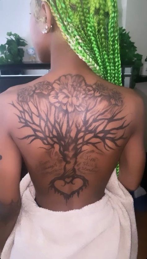 Hang Tattoo Women, Back Tattoo Women Baddie, Back Tat Black Women, Black Female Back Tattoos, Tree Back Tattoo Black Women, Locs Tattoo Ink Black Women, Colorful Back Tattoos For Black Women, Black Woman Back Tattoo, Back Tattoo Dark Skin Women