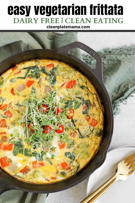 Delicious and veggie packed dairy-free frittata. This is a quick, easy, and nutritious recipe for lunch, brunch, or dinner. Can be made ahead of time and stores well in the fridge or freezer. Gluten free, dairy free, Paleo! Dairy Free Frittata, Egg Frittata Recipes, Vegetarian Frittata, Vegetable Frittata Recipes, Vegetable Frittata, Dairy Free Yogurt, Frittata Recipes, Gluten Free Banana, Protein Breakfast Recipes