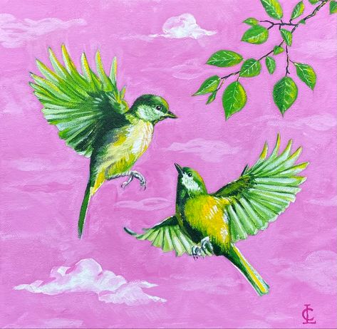 Painting of a pair of green birds flying in a pink sky Love Bird Drawing, Love Birds Drawing, Bird Paintings On Canvas, Birds Of Australia, Pet Portrait Painting, Sweet Valentine, Bird Drawings, Mini Paintings, Pink Sky