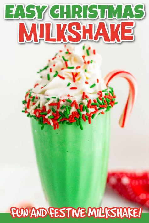 If you are looking for a new Christmas Eve tradition, make this Christmas Milkshake. The perfect milkshakes for the holiday season. Top the milkshake with candy canes and whipped cream for a fun and festive holiday treat. Make sure to garnish with Christmas Sprinkles in a fun and festive milkshake glass. #christmasonadime #christmasmilkshake #christmasdesserts Christmas Milkshake Ideas, Eggnog Milkshake Recipes, Christmas Milkshakes For Kids, Grinch Milkshake, Christmas Shakes, Christmas Milkshakes, Peppermint Milkshake, Eating On A Dime, Christmas Eve Traditions