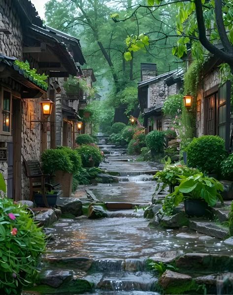 Rainy Nature, Japanese Courtyard Garden, Japanese Exterior, Nature Explorer, Japanese Village, Japanese Style House, Natural Homes, Asian Garden, Beautiful Scenery Pictures