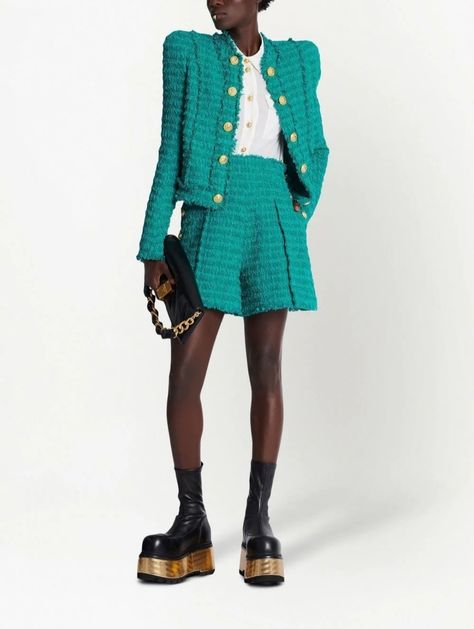 Balmain Tweed, Green Suit Jacket, Balmain Designer, Balmain Jacket, Womens Tweed Jacket, Green Tweed, Tweed Shorts, Green Suit, Latest Fashion Design