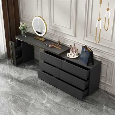 Dresser And Makeup Vanity Combo, Mirror Drawers Bedrooms, Large Study Table, Contemporary Dressing Table Design, Bedroom Working Table, Dressing Table Ideas With Storage, Make Up Desk Design, Modern Desk Bedroom, Vanity Ideas Bedroom Black