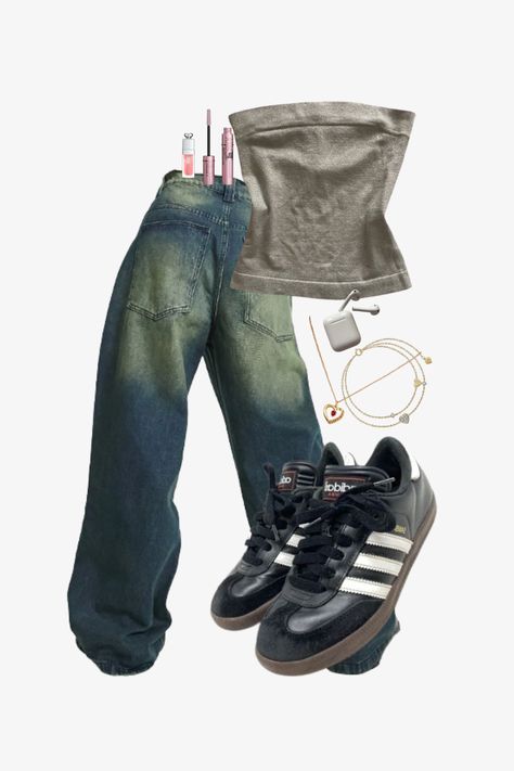 outfit inspo, outfit ideas, school outfit, back to school, y2k, y2k fit, vintage, sneakers, adidas sambas shoes, gold red heart necklace, oversized baggy jeans, coquette, bayonetta, gold blue diamond bracelet, gray tube top, sunglasses, aesthetic, invierno outfit, cute fresita outfit, uggs, saltburn aesthetic, saltbrun outfits, basic, coquette, winter, winter outfit, spring, spring 2024, spring outfit, fall, sweater, nike, adidas, valentines outfits, valentines, hyper feminine, clean girl, cute Baggy Jeans Winter Outfit, Outfits With Sambas, Sambas Shoes, Saltburn Aesthetic, Basic Coquette, Grey Tube Top, Outfit Ideas School, Coquette Winter, Sunglasses Aesthetic