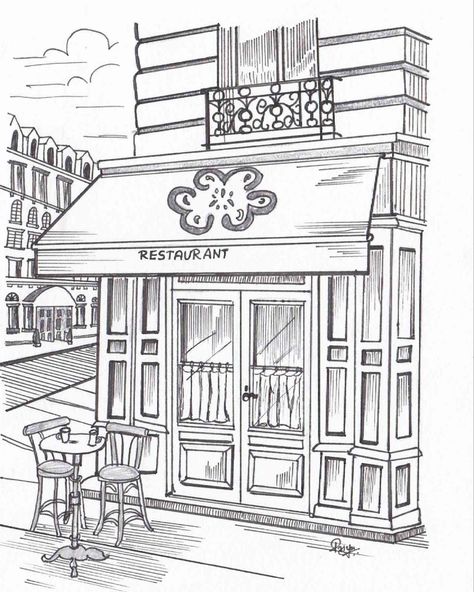 Restaurant Coloring Pages, Restaurant Drawing Sketch, Restaurant Sketch, Perspective Sketches, Restaurant Drawing, Design Brief Template, Italy Sketches, Japanese Restaurant Design, Sofa Layout