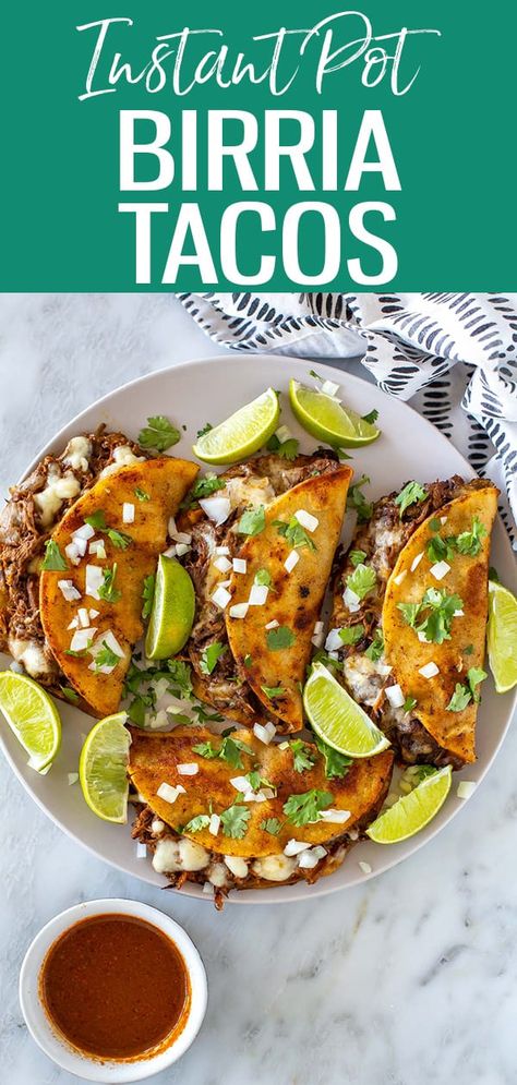 These tasty Instant Pot Birria Tacos are easier to make than you think! The meat is fall-apart tender and so rich and flavourful. Taco Tuesday Instant Pot, Instapot Taco Recipes, Insta Pot Tacos Beef, Ip Birria Tacos, Instant Pot Recipes Tacos, Cookpot Meals, Beef Birria Instant Pot, Queso Birria Tacos Instant Pot, Favorite Instant Pot Recipes