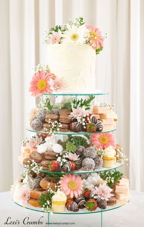 Wedding Cake Tower Ideas, Cake And Cookie Table Wedding, Wedding Tower Cake, Wedding Desserts That Arent Cake, Cake And Sweets Table Wedding, Dessert Stand Wedding, Cookie Cake Tower, Cupcake Towers Wedding, Wedding Cake Dessert Tower