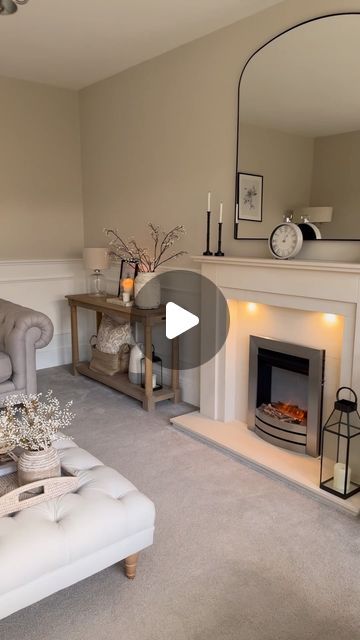 Amy Barclay on Instagram: "Living Room Details 🤍 Sofas @marksandspencer Hampstead large sofas Footstool @lauraashleyuk Gloucester button footstool Console @neptunehomeofficial Edinburgh console table Mirror @thewhitecompany Chiltern mirror Side table @cotswoldco Alderton black glass side table Basket @thebasketcompany Floor lamp and table lamp @nextofficial Wall colour @farrowandball Skimming Stone Panelling @farrowandball All White Carpet @cormarcarpets sensations in ammonite #livingroominterior #winterstying #livingroom #homestyling #homedecor #fireplace #footstool #panelling #farrowandballskimmingstone #allwhite #neutralinteriors #lounge #newbuildinspo #homedesign #console #neptune #mantle #redrowhome #redrowcambridge" Sofa Wall Panelling, Skimming Stone Living Room, Stone Panelling, Black Glass Side Table, Console Table Mirror, 2024 Living Room, Redrow Homes, Large Sofas, Skimming Stone