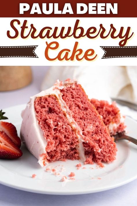 Try this Paula Deen strawberry cake the next time you want to wow a crowd! With just 6 ingredients for the cake, you'll have a refreshing summer dessert in no time flat. Strawberry Cake With Frozen Strawberries, Strawberry Cake From Box Recipe, Strawberry Cake With Fresh Strawberries, Strawberry Pudding Cake, Strawberry Sheet Cake Recipe, List Of Desserts, Strawberry Sheet Cakes, Strawberry Crunch Cake, Homemade Strawberry Cake