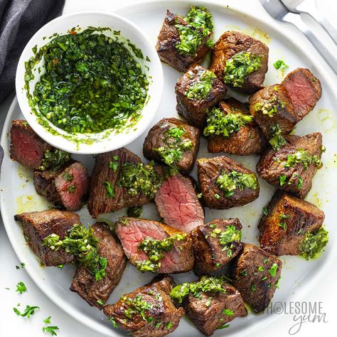 Sirloin Steak Tips (With Chimichurri!) - Wholesome Yum Steak Tips Recipe, London Broil Recipes, Pepper Steak Recipe, The Best Steak, Steak Tips, Sirloin Tips, Wholesome Yum, Sirloin Steak, Spring Dinner