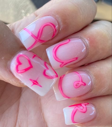 pink nails. hearts. 💗 Pink Acrylics, Pink Acrylic Nails, Heart Stickers, Pink Nails, Acrylic Nails, Nail Polish, Nails, Pink