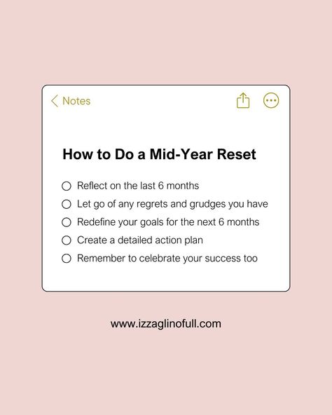 As we reach the middle of the year, it's common to feel a sense of overwhelm or discouragement if our goals appear to be out of reach. However, it's important to stay positive! A mid-year reset can serve as a valuable strategy to have a fresh start for your goals and positioning ourselves for success in the latter half of the year. Here's how you can do it. For more life tips and articles, visit https://www.izzaglinofull.com/ or LINK IN BIO #midyearreset #personaldevelopment #tips #mond... Mid Year Reset, Year Reset, Life Reset, Process Flow, More Life, Alone Time, Action Plan, A Fresh Start, Stay Positive