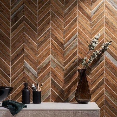 Check this photo out! Herringbone Tile Floors, Herringbone Wall, Chevron Tile, Wood And Concrete, Wood Backsplash, Tile Trends, Herringbone Tile, Porcelain Mosaic Tile, Wood Mosaic