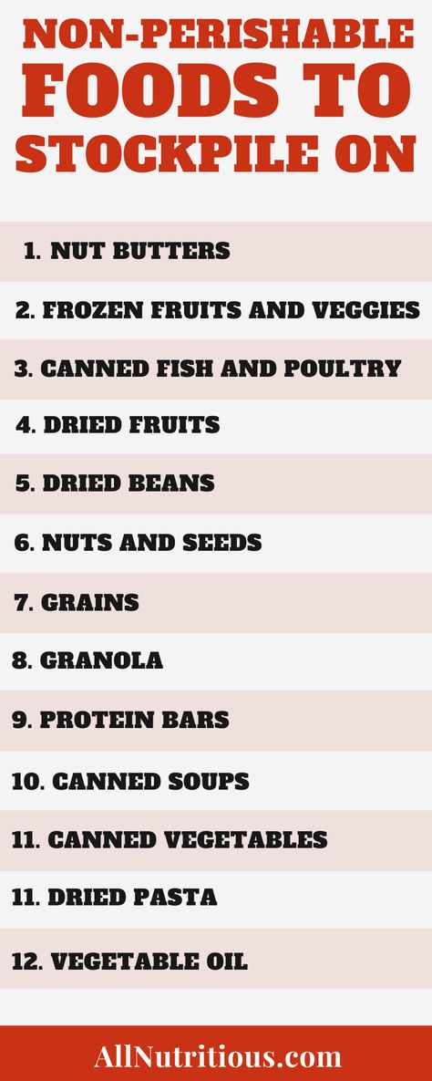 Non Perishable Foods List, Foods To Stockpile, Prepper Food, Emergency Preparedness Food, Non Perishable Foods, Protein Granola, Non Perishable, Emergency Preparedness Kit, Canned Vegetables