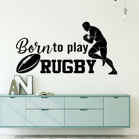 Rugby wall art stickers, Born to play rugby quote wall stickers, sports wall art, Boys Sports Theme Home Decor for Bedroom Playroom or Gym. Size Details: Size1: 85cm (H) X 40cm (W) Size2: 120cm (H) X 56cm (W) All our Islamic wall Stickers Will come with easy to follow instruction. JR Decal wall stickers are suitable for any plain surface, such as painted wall/Car/metal/wood/plastic. They won't leave any mark after removal. We make them only after your order with colour and size you chosen. So, t Rugby Bedroom, Rugby Quotes, Wall Stickers Sports, Sports Themed Bedroom, Custom Wall Stickers, Home Decor For Bedroom, Star Wall Decals, Wall Art Stickers, Mail Sign